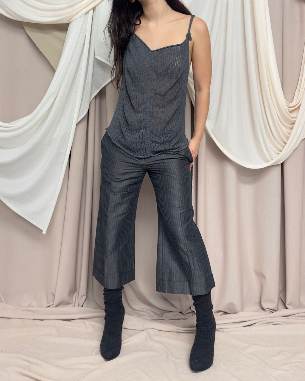 GREY SEMI SHEER DRAPED NET VEST by Sarah Pacini