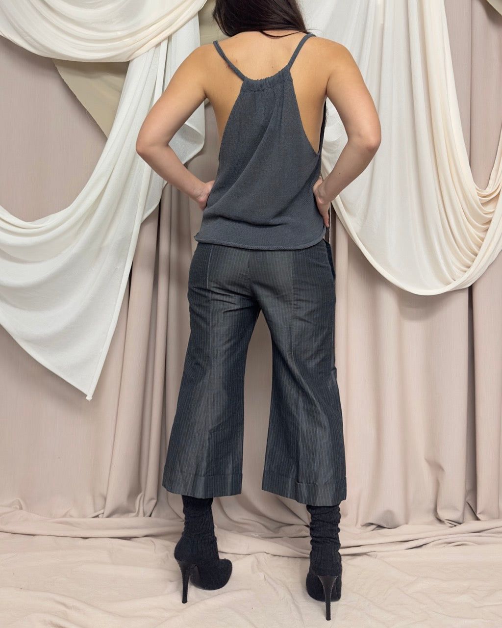 GREY SEMI SHEER DRAPED NET VEST by Sarah Pacini