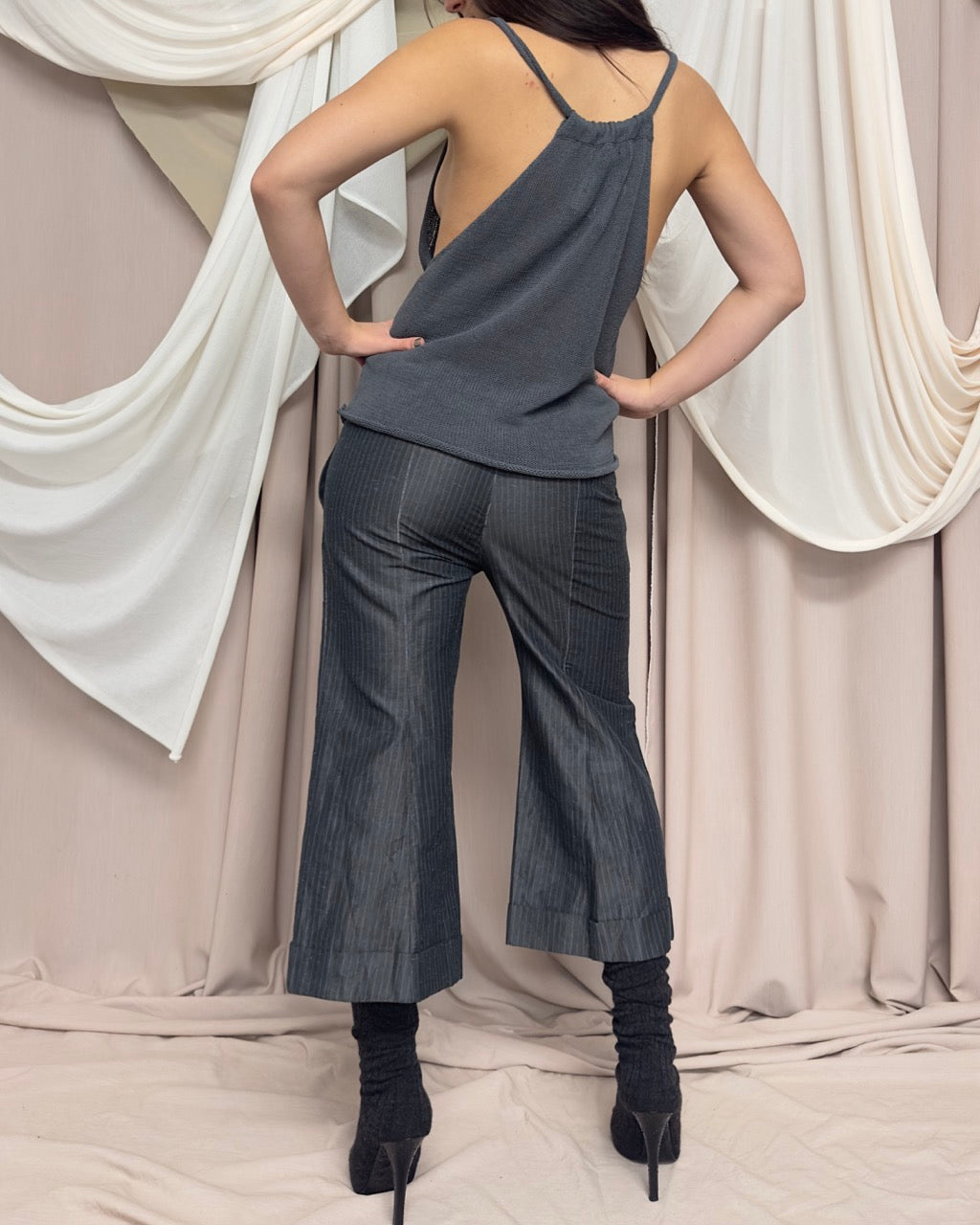 GREY SEMI SHEER DRAPED NET VEST by Sarah Pacini