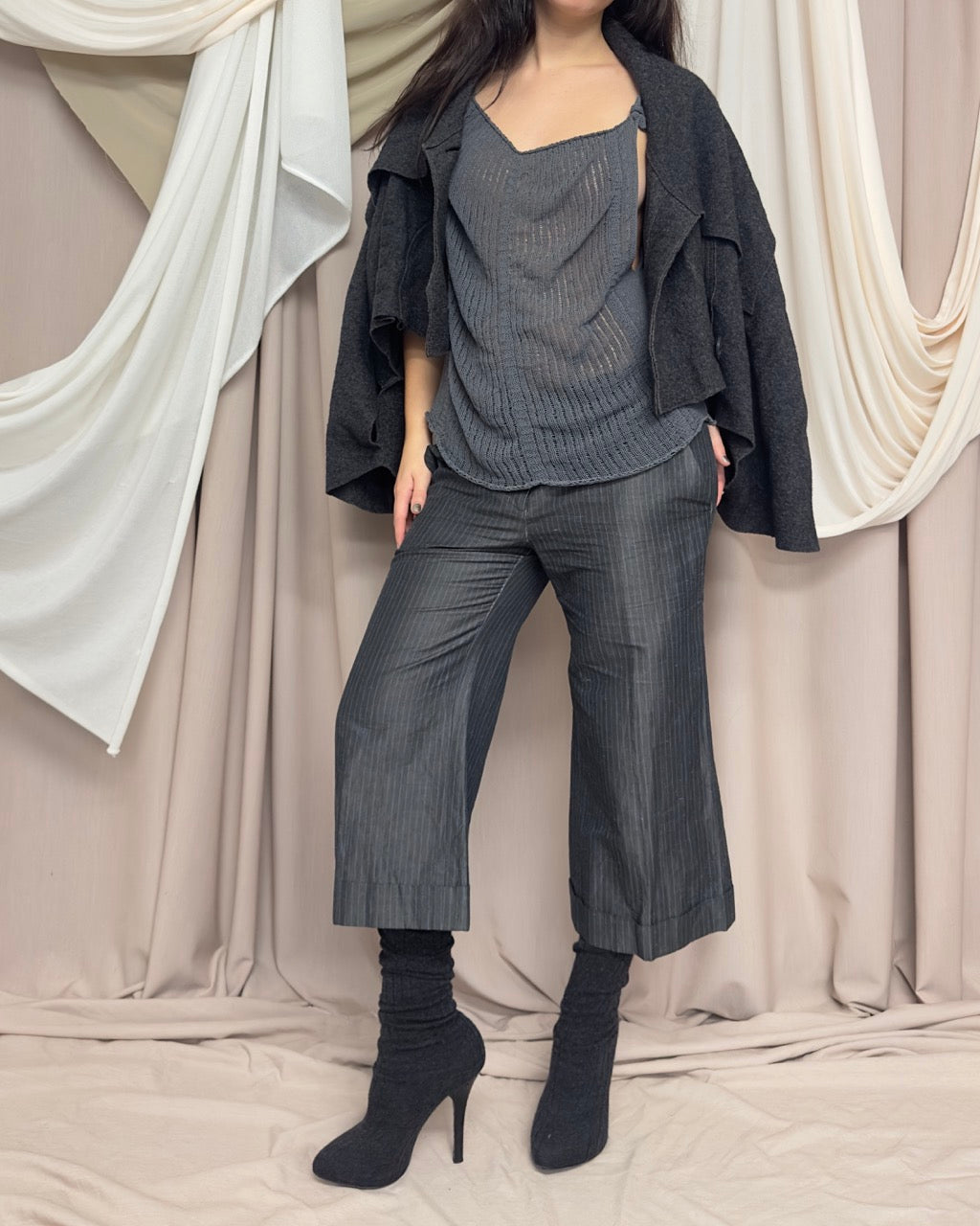 GREY SEMI SHEER DRAPED NET VEST by Sarah Pacini