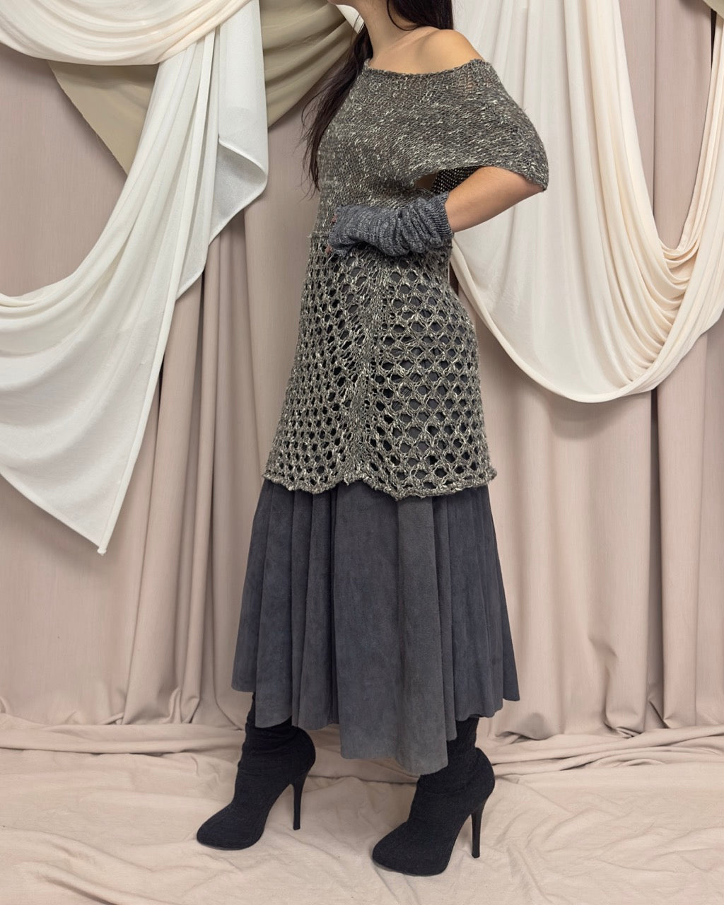GREY - GREEN OPEN KNIT TUNIC by Sarah Pacini