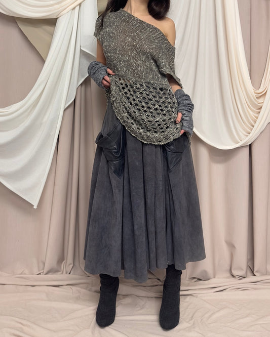 GREY LEATHER MAXI CIRCLE SKIRT