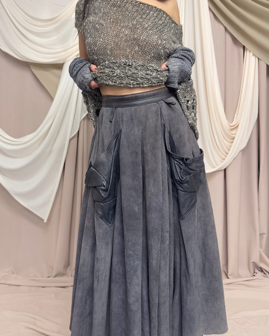 GREY LEATHER MAXI CIRCLE SKIRT