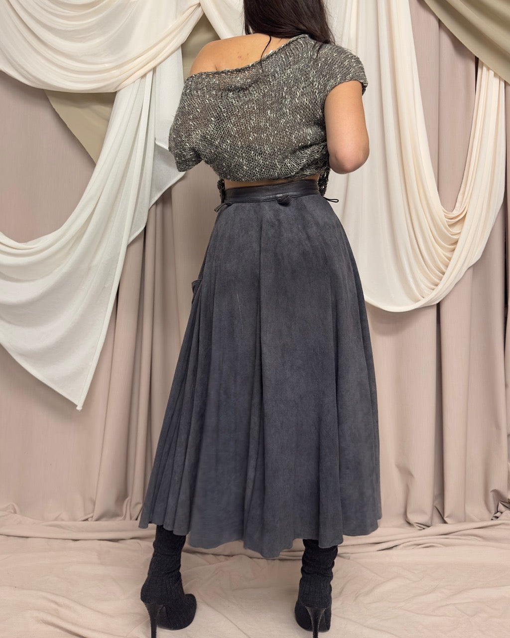 GREY LEATHER MAXI CIRCLE SKIRT