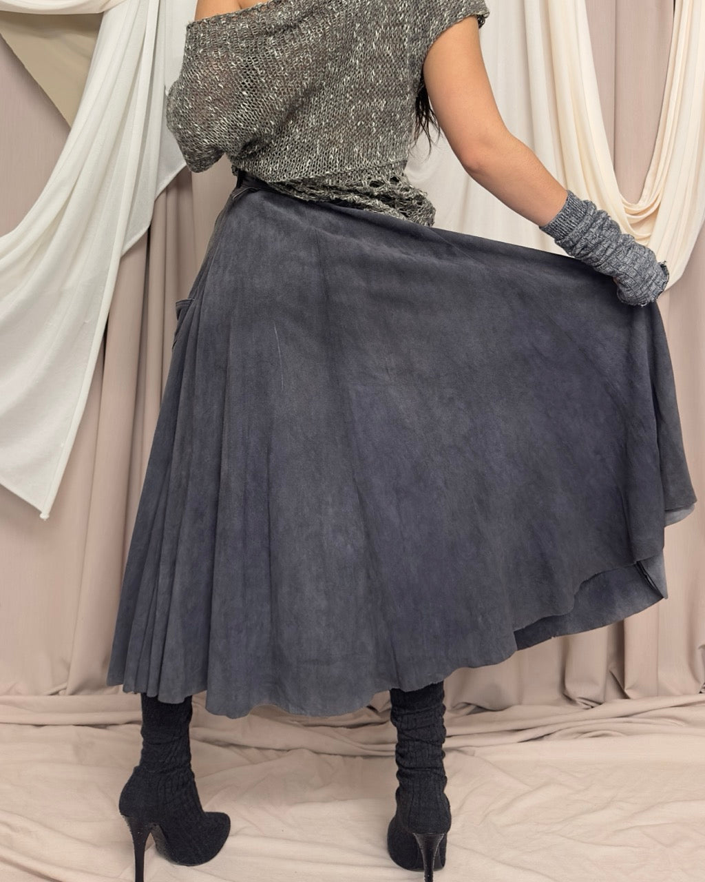 GREY LEATHER MAXI CIRCLE SKIRT