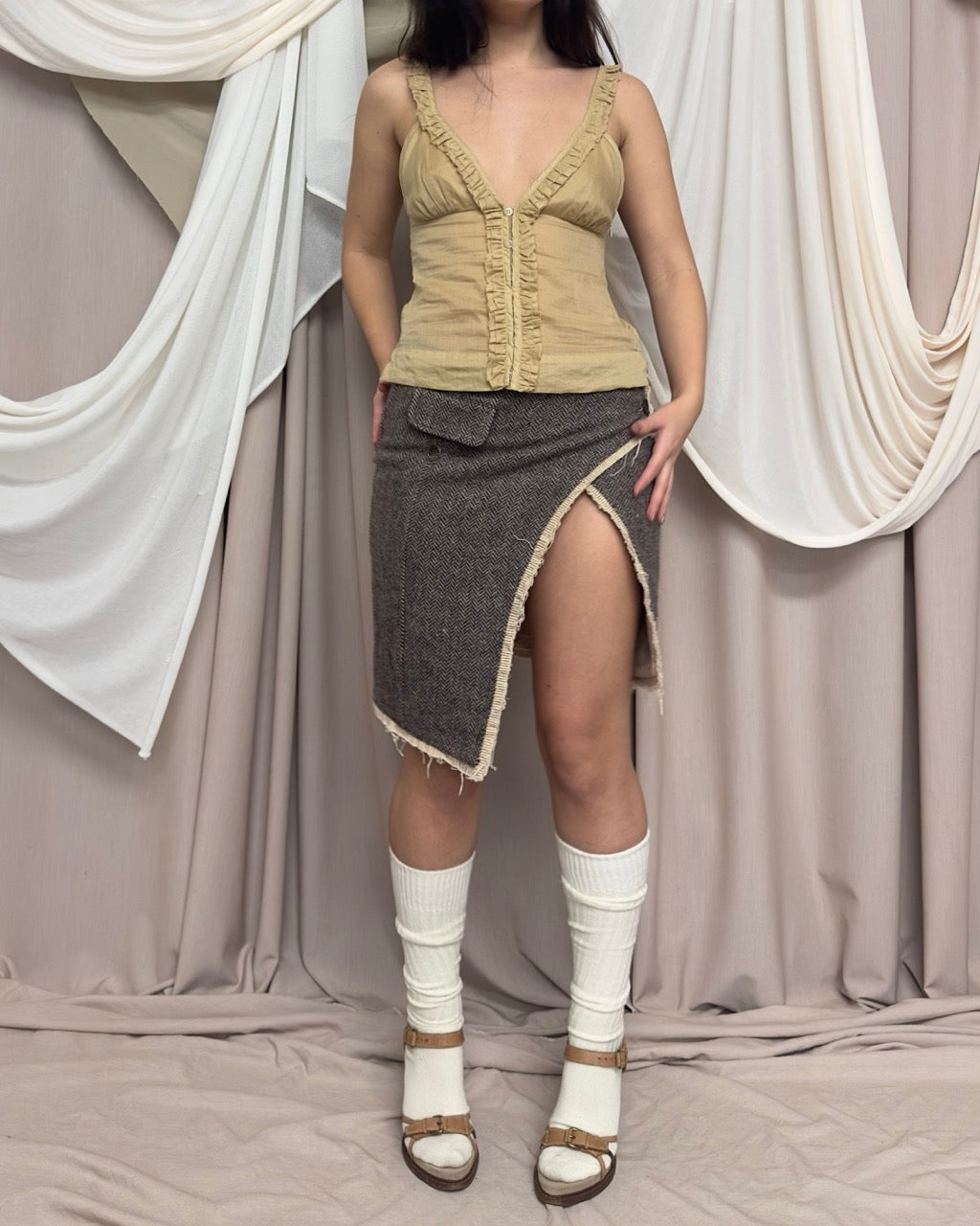 DISTRESSED TWEED SKIRT WITH HIGH THIGH SLIT