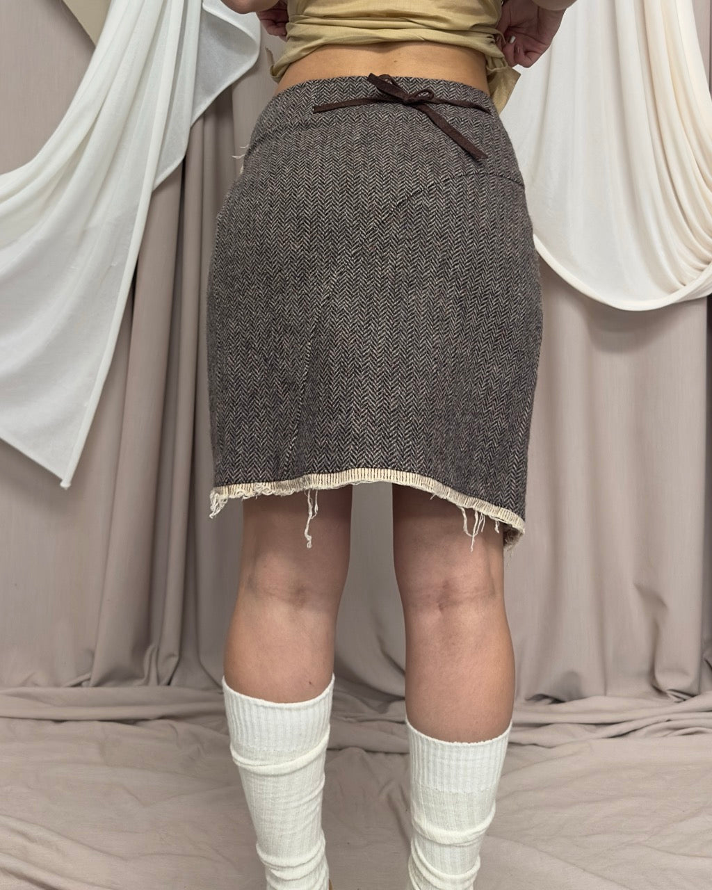 DISTRESSED TWEED SKIRT WITH HIGH THIGH SLIT