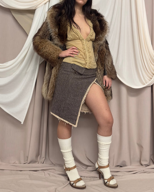 DISTRESSED TWEED SKIRT WITH HIGH THIGH SLIT