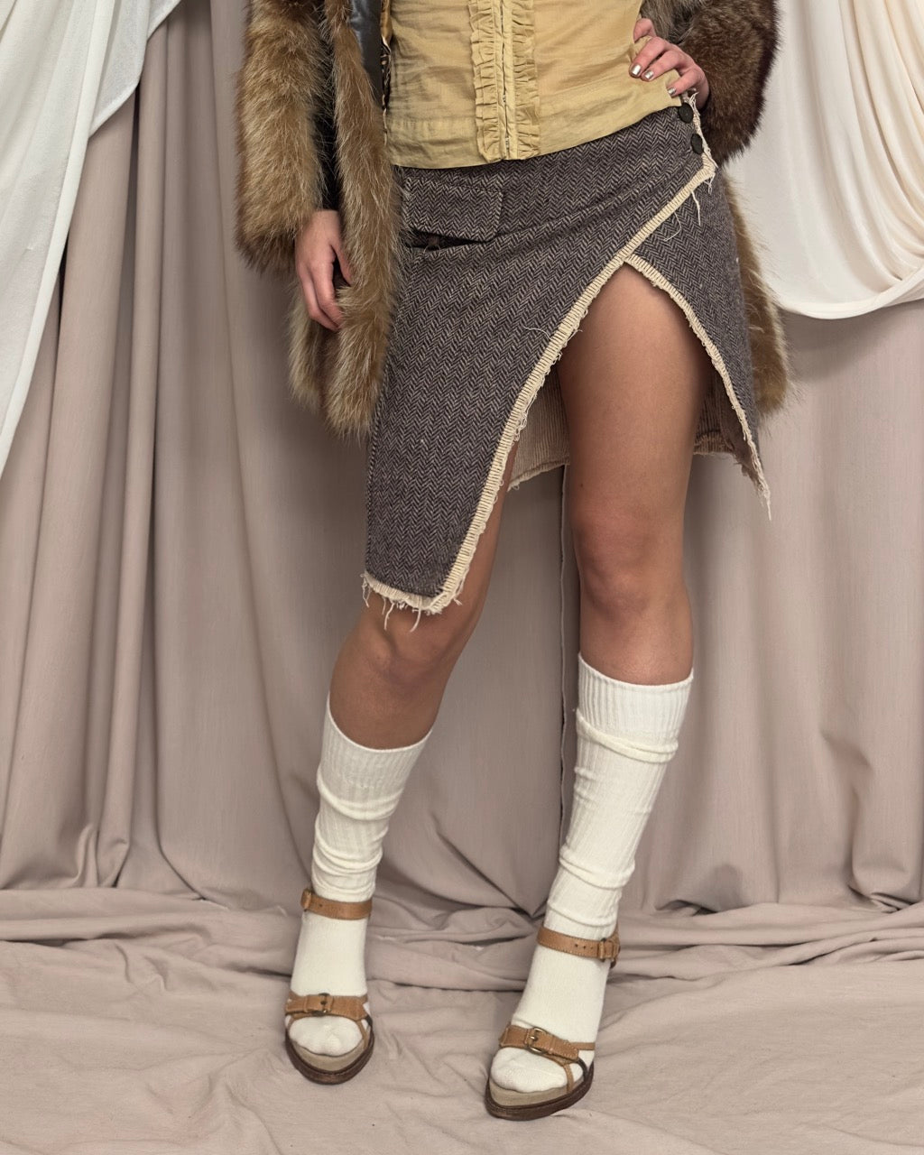 DISTRESSED TWEED SKIRT WITH HIGH THIGH SLIT