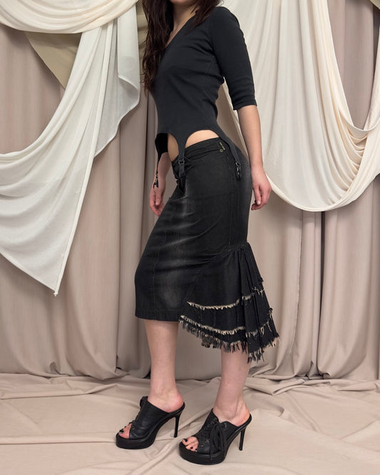 GREY DENIM SKIRT WITH RUFFLE TRIM by Plein Sud