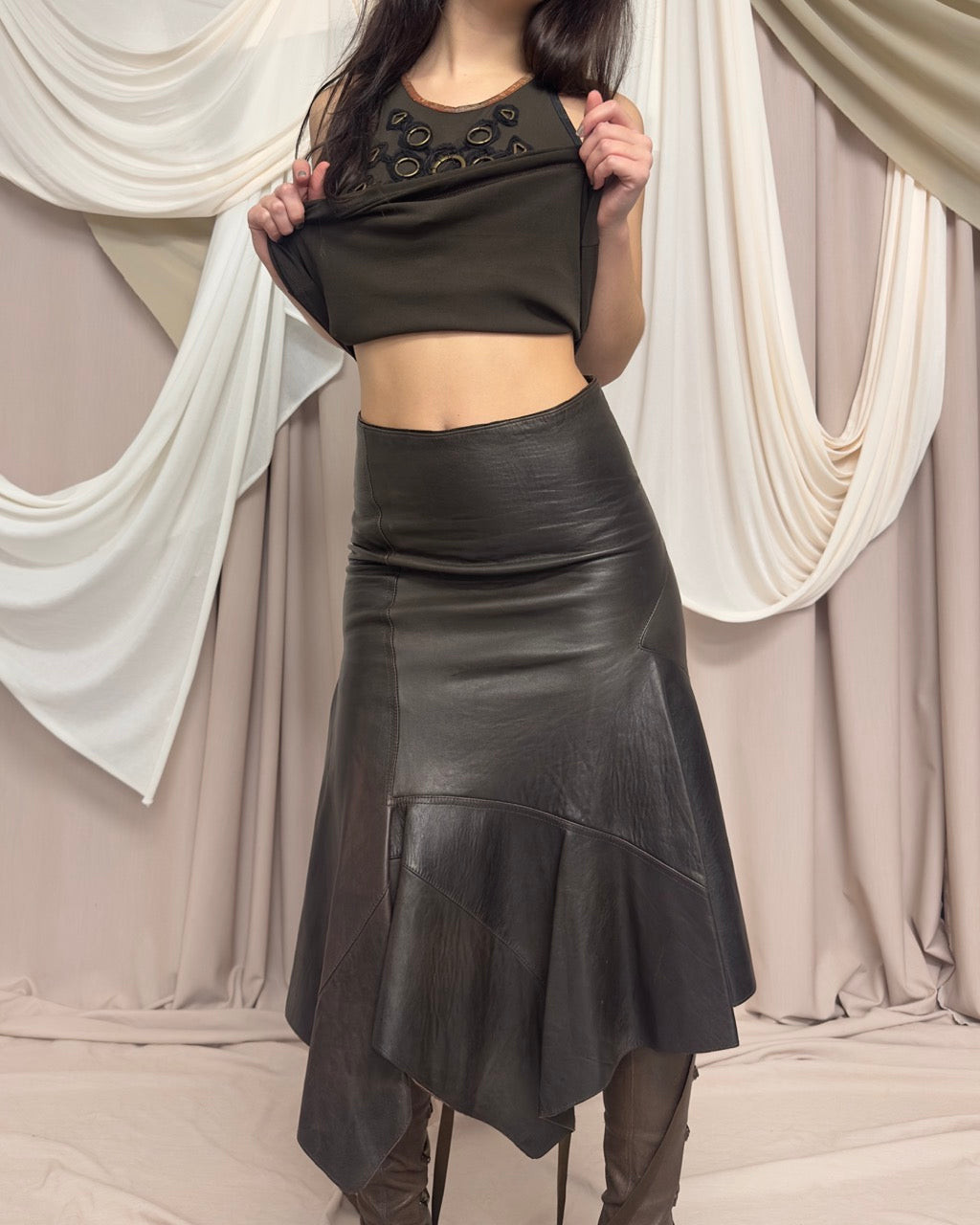 BROWN ASYMMETRIC LEATHER SKIRT by Donna Karan