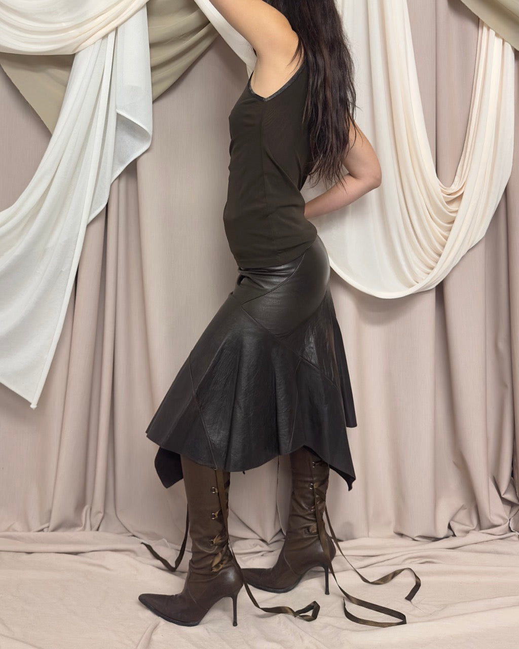 BROWN ASYMMETRIC LEATHER SKIRT by Donna Karan