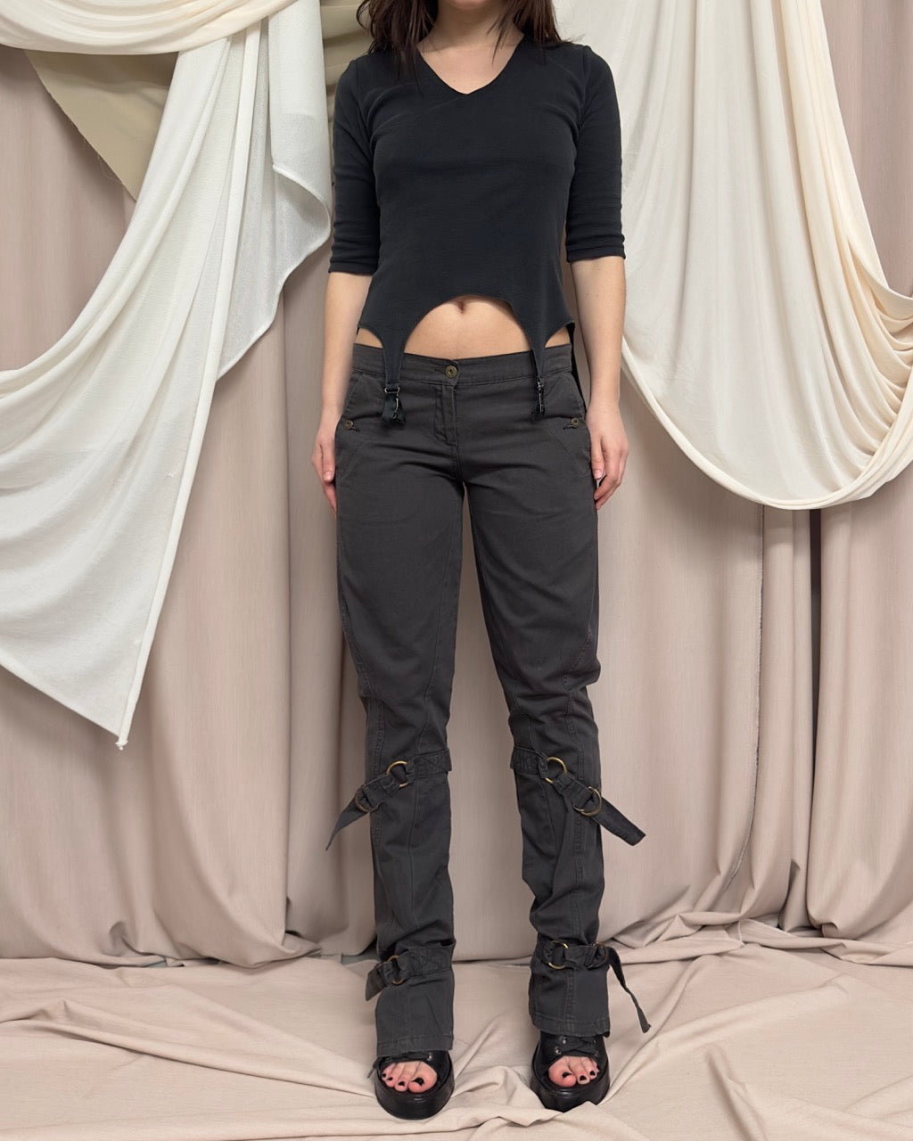 GREEN-GREY TROUSERS WITH STRAP DETAIL