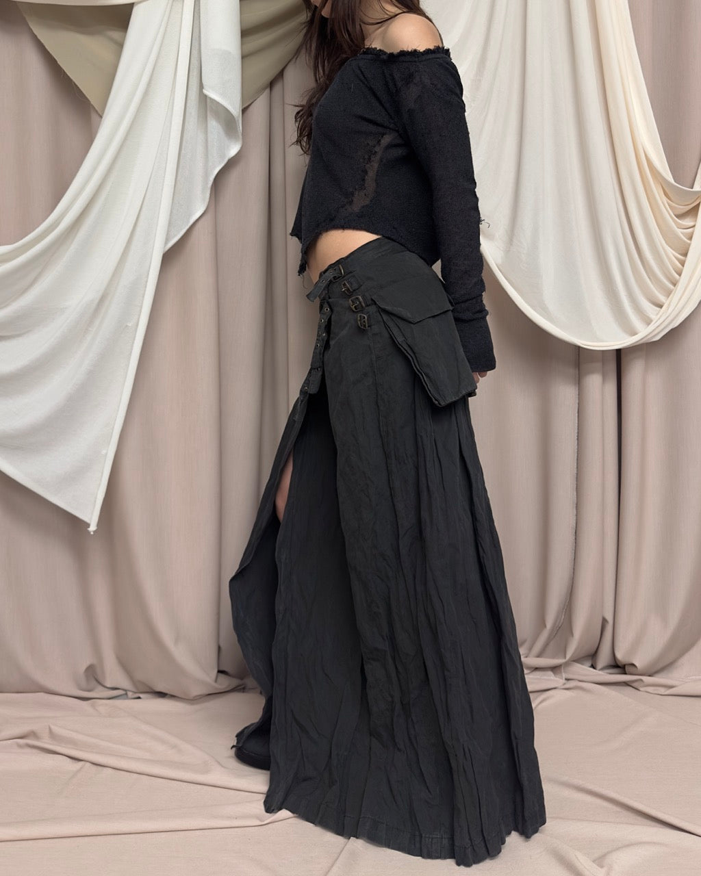 CHARCOAL GREY WRAP MAXI SKIRT by Sarah Pacini