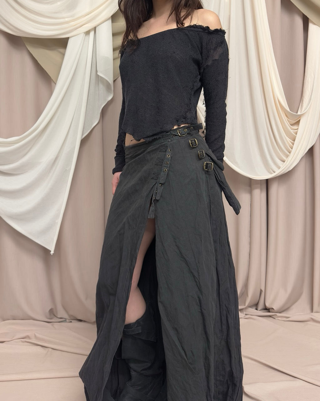 CHARCOAL GREY WRAP MAXI SKIRT by Sarah Pacini