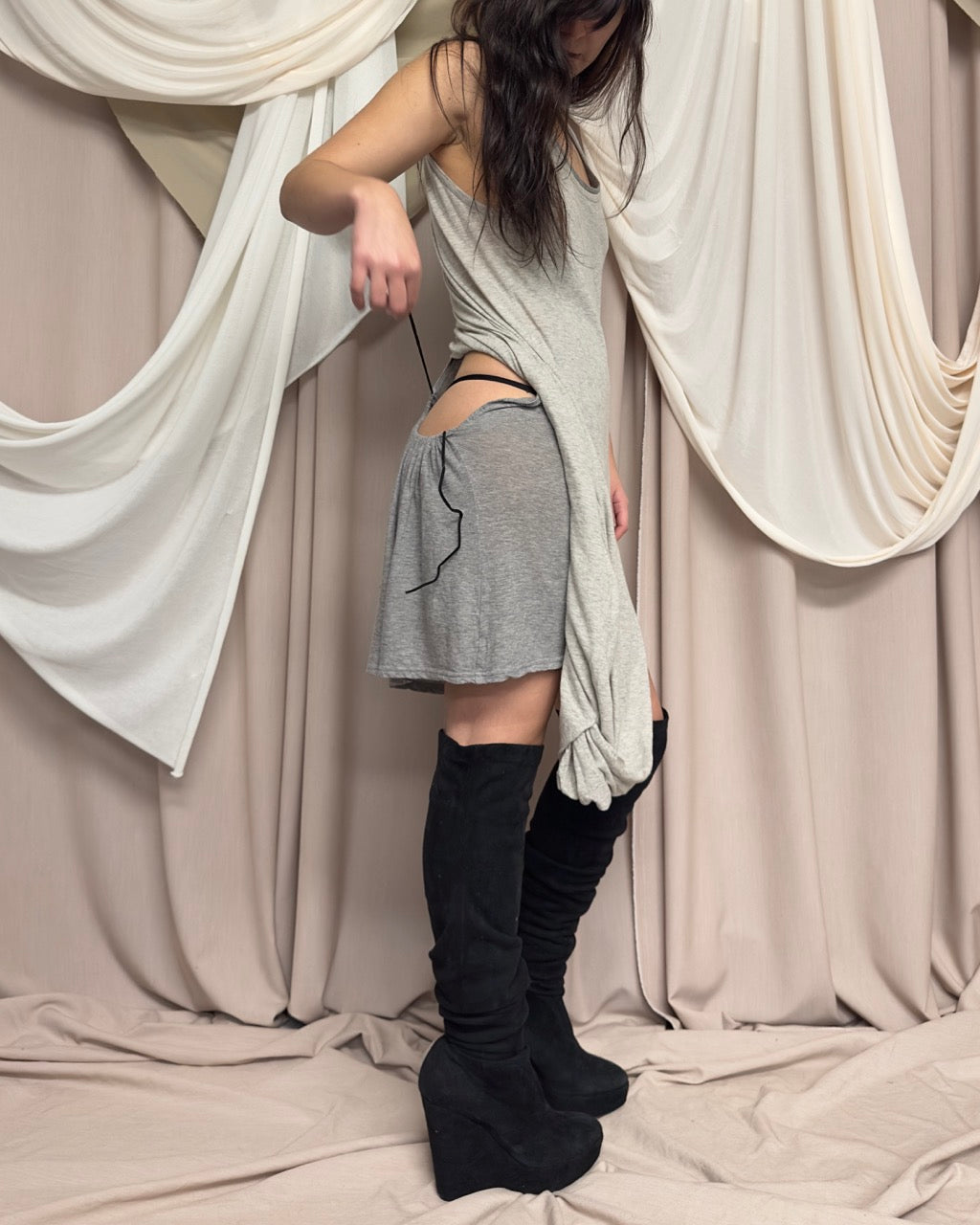 GREY LAYERED ASYMMETRICAL TANK TOP DRESS by Y’s by Yohji Yamamoto