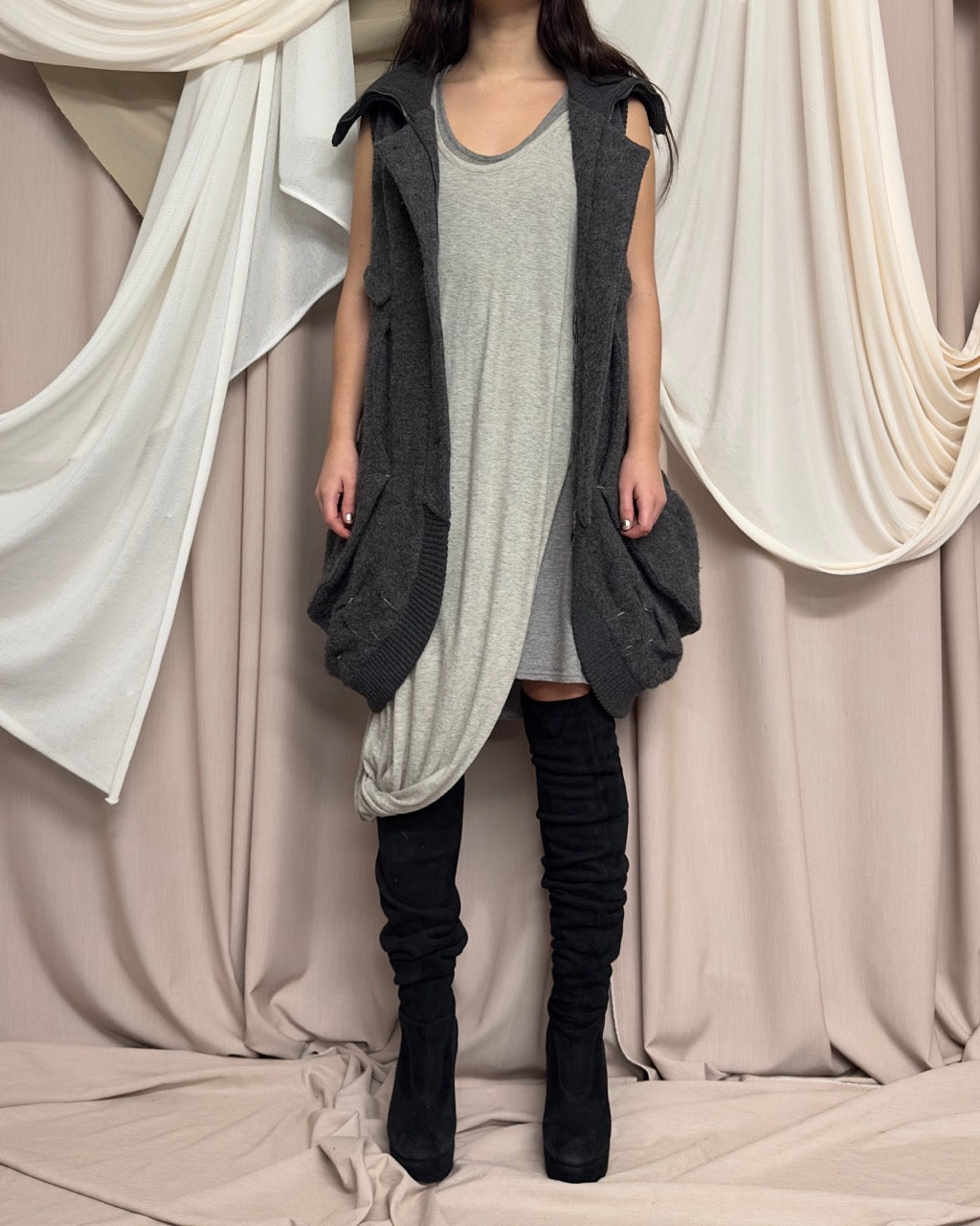 AVANT GARDE GREY SLEEVELESS COAT / LONGLINE GILET by Iconoclast