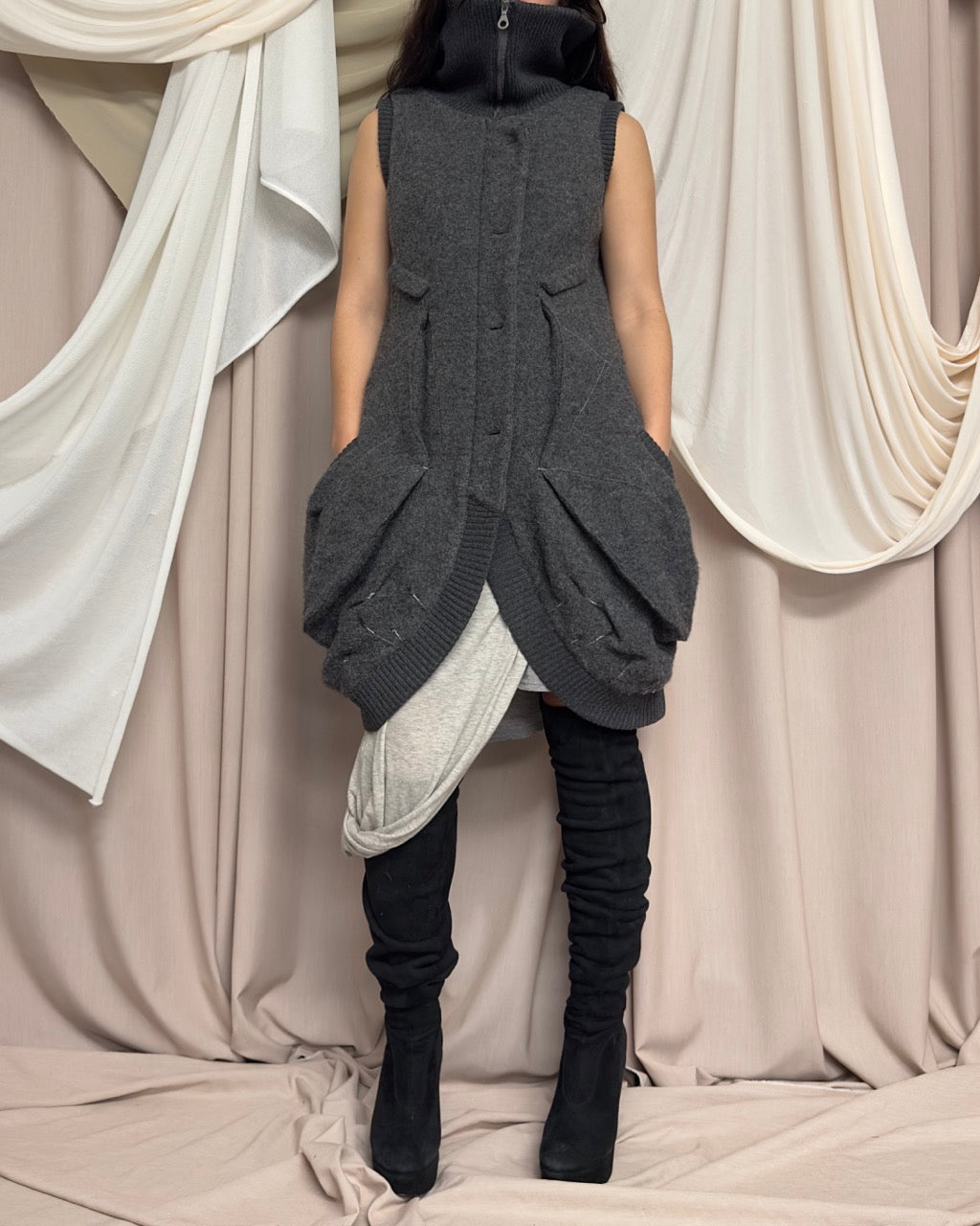 AVANT GARDE GREY SLEEVELESS COAT / LONGLINE GILET by Iconoclast
