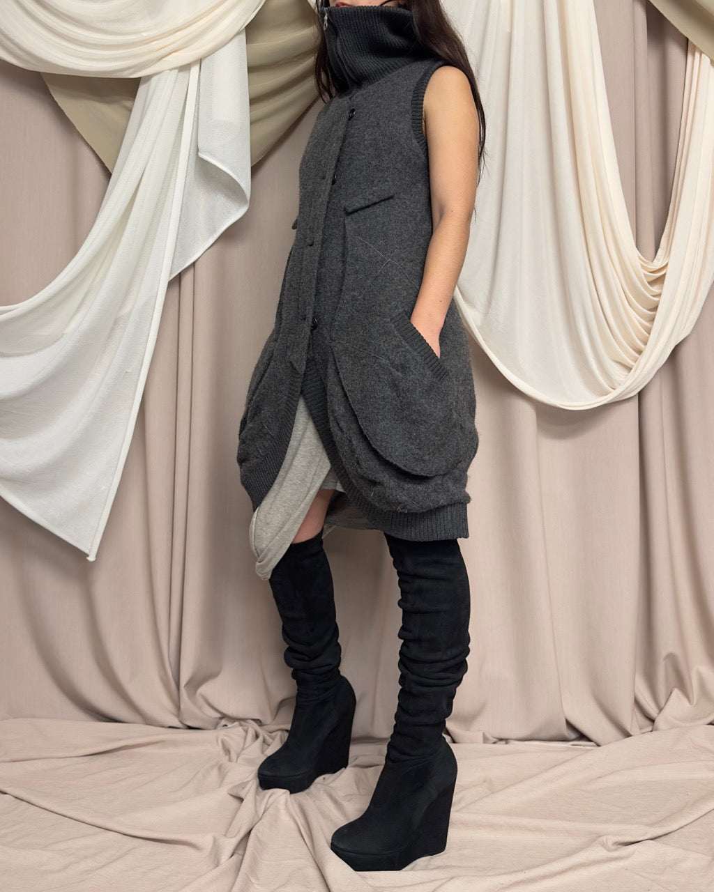 AVANT GARDE GREY SLEEVELESS COAT / LONGLINE GILET by Iconoclast
