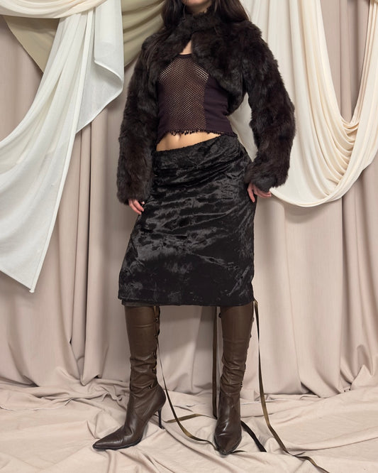 BROWN FAUX FUR MIDI SKIRT