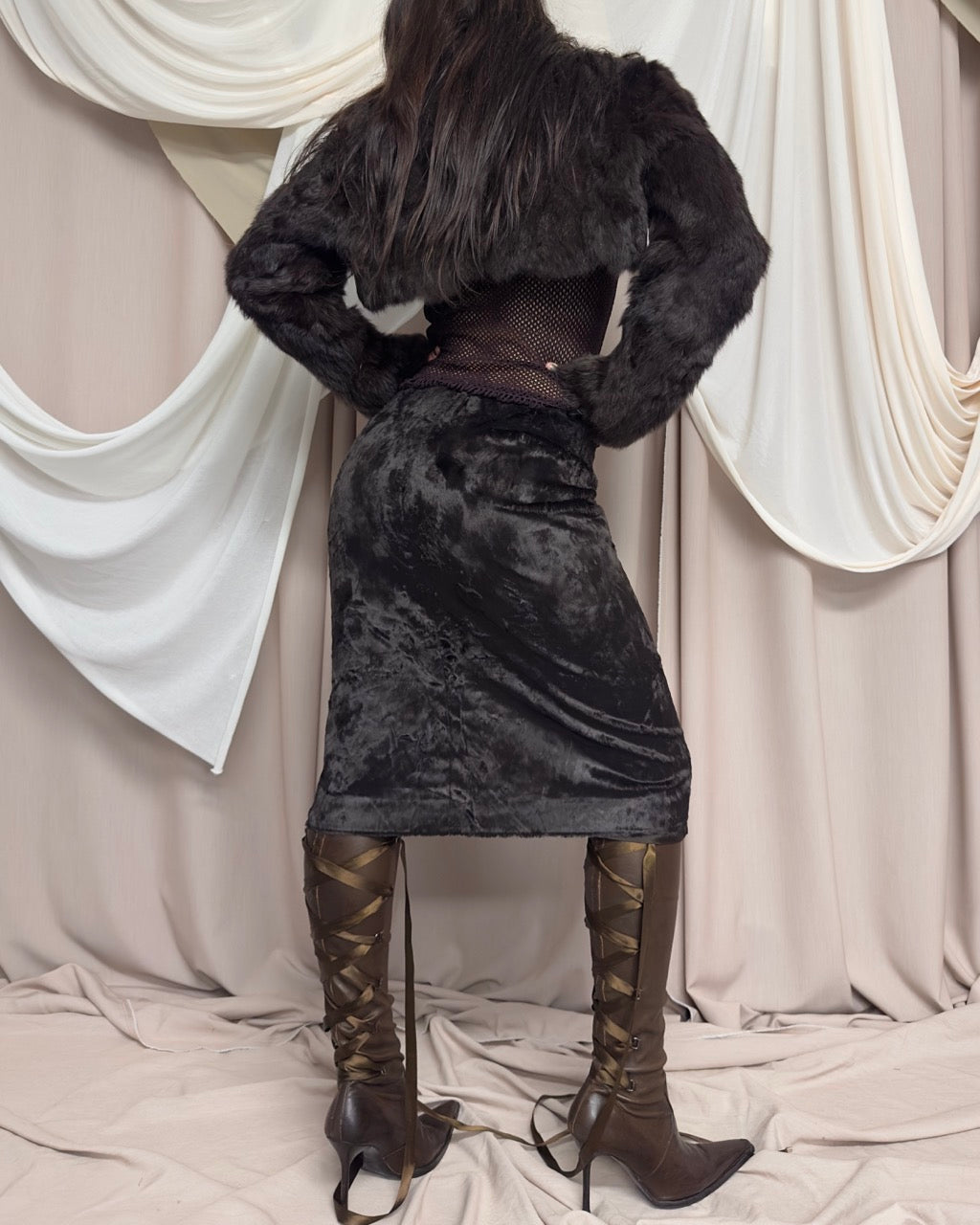 BROWN FAUX FUR MIDI SKIRT
