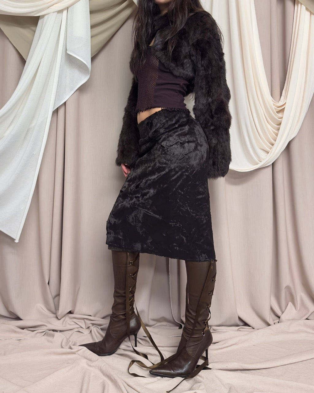 BROWN FAUX FUR MIDI SKIRT
