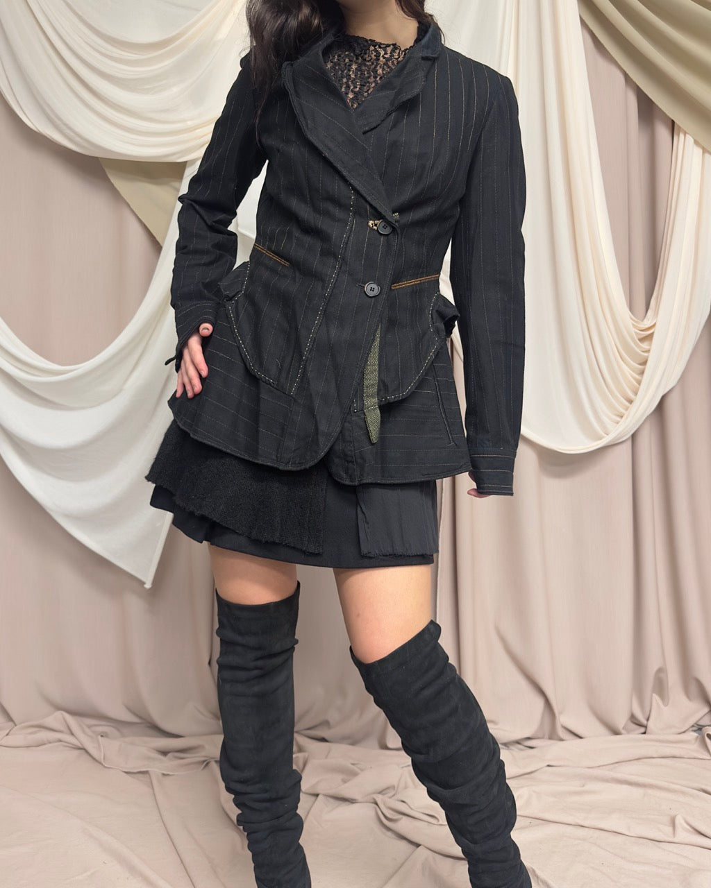 PINSTRIPE BLAZER WITH ASYMMETRICAL CLOSURE by Marithé + François Girbaud