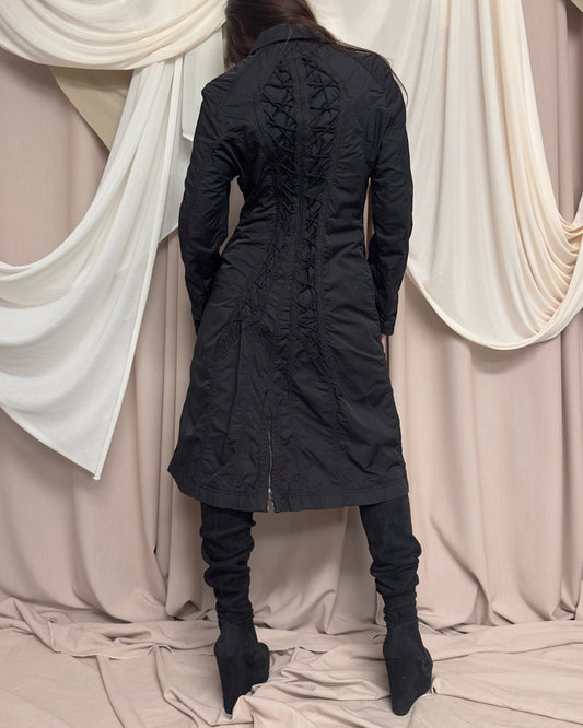BLACK UTILITARIAN MAXI COAT WITH CORSET LACING