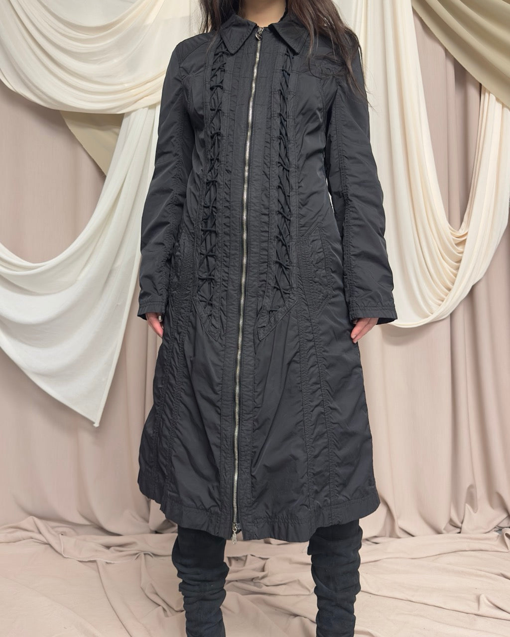 BLACK UTILITARIAN MAXI COAT WITH CORSET LACING