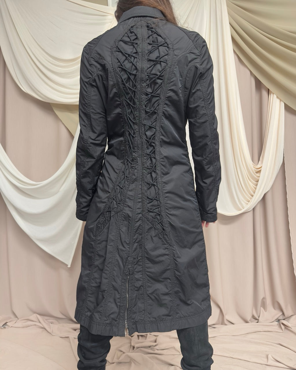 BLACK UTILITARIAN MAXI COAT WITH CORSET LACING