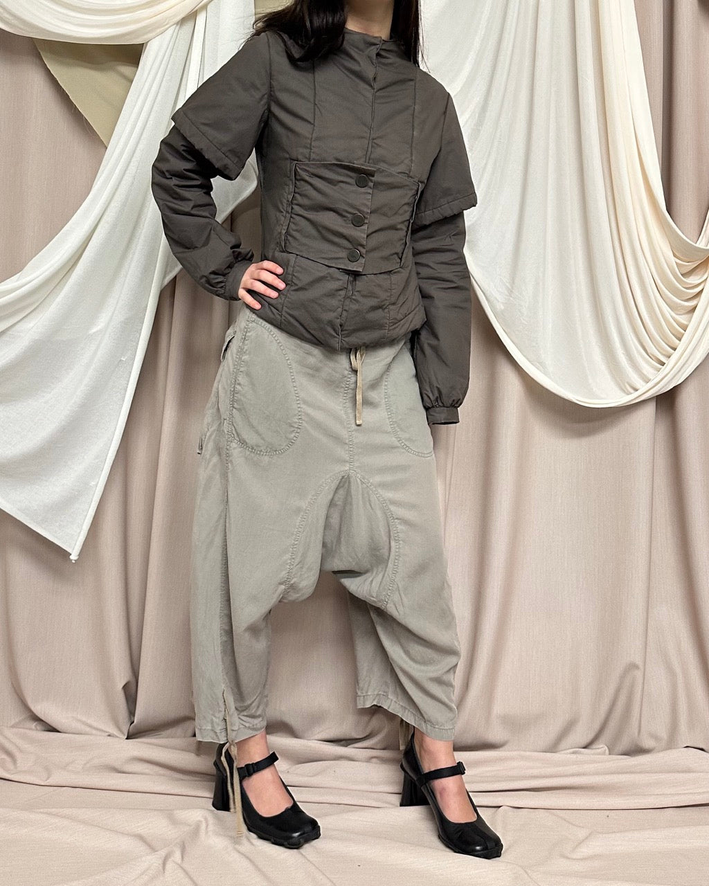 KHAKI - GREY DROP CROTCH TROUSERS WITH DRAWSTRING TIES by Cop Copine