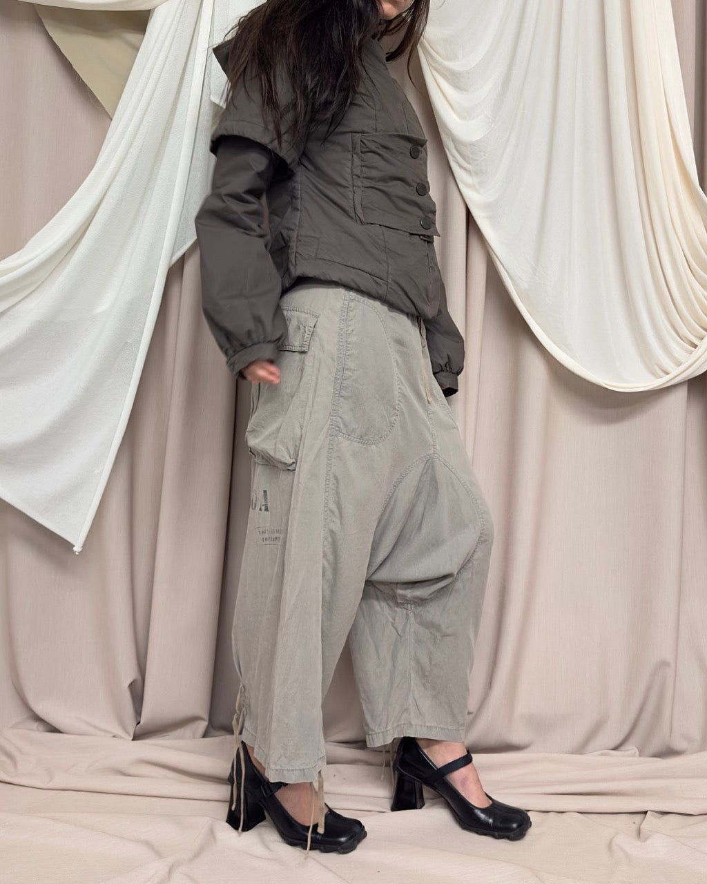 KHAKI - GREY DROP CROTCH TROUSERS WITH DRAWSTRING TIES by Cop Copine