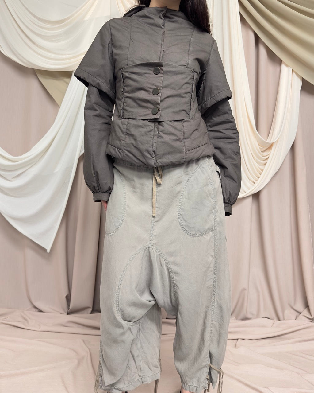 KHAKI - GREY DROP CROTCH TROUSERS WITH DRAWSTRING TIES by Cop Copine