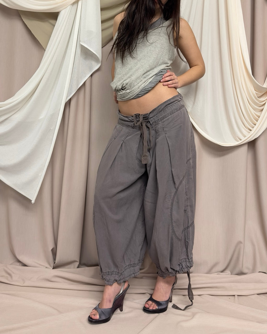 TAUPE WIDE LEG DROP CROTCH TROUSERS WITH DRAWSTRING TIES by Cop Copine