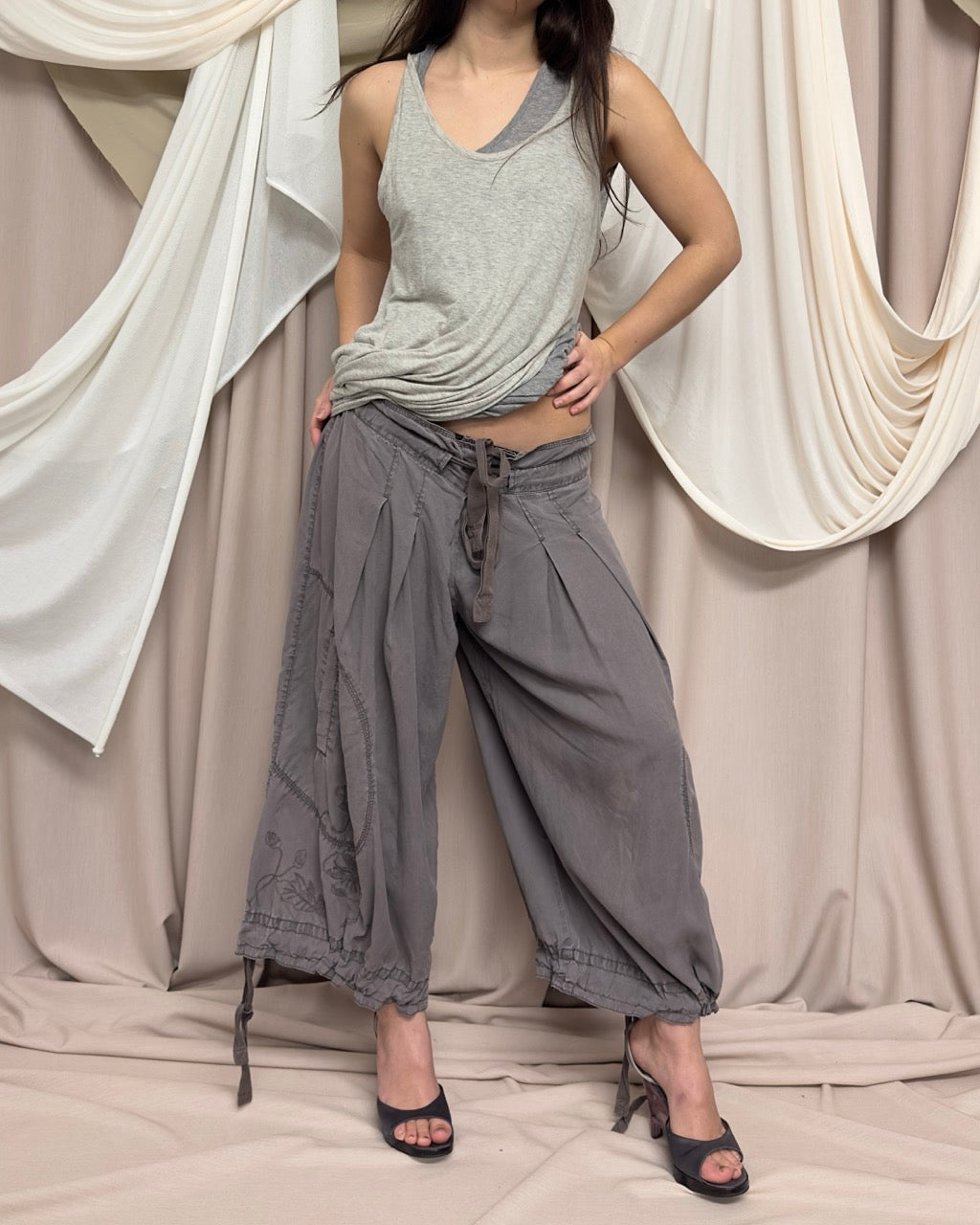 TAUPE WIDE LEG DROP CROTCH TROUSERS WITH DRAWSTRING TIES by Cop Copine