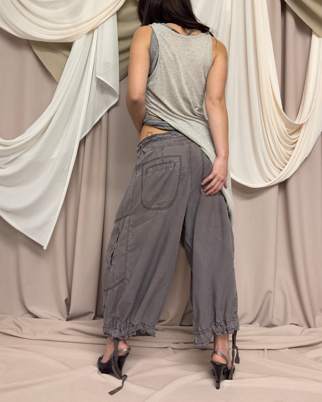 TAUPE WIDE LEG DROP CROTCH TROUSERS WITH DRAWSTRING TIES by Cop Copine