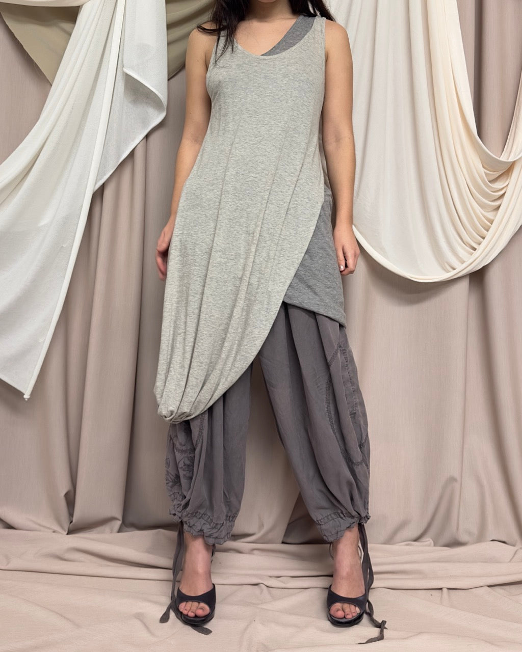 TAUPE WIDE LEG DROP CROTCH TROUSERS WITH DRAWSTRING TIES by Cop Copine
