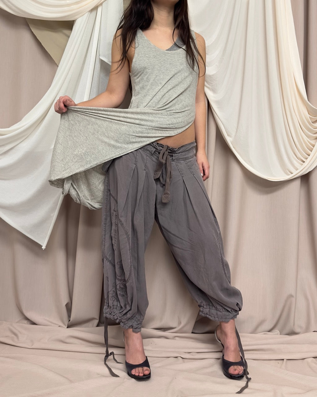 TAUPE WIDE LEG DROP CROTCH TROUSERS WITH DRAWSTRING TIES by Cop Copine