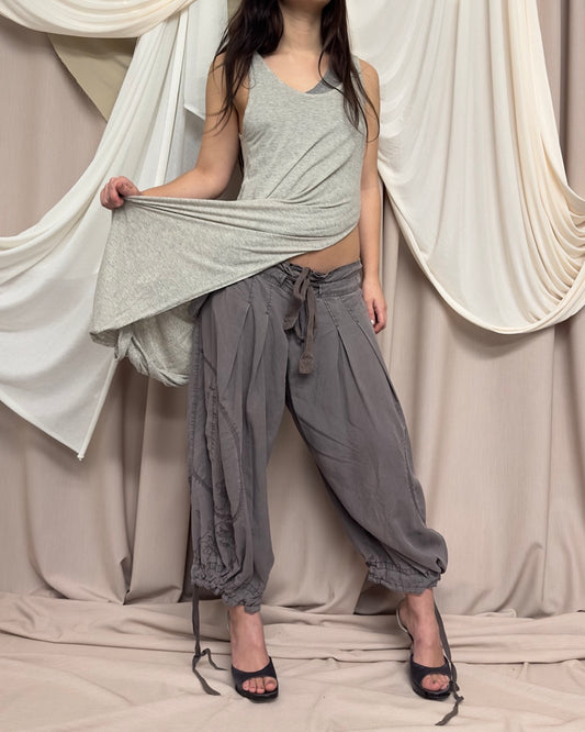 TAUPE WIDE LEG DROP CROTCH TROUSERS WITH DRAWSTRING TIES by Cop Copine