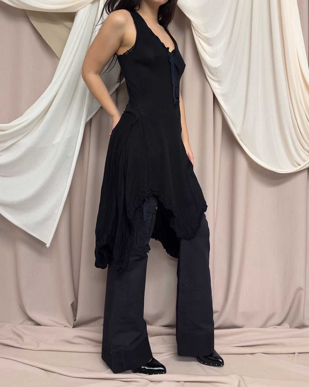 BLACK SEMI SHEER COTTON KNIT DRESS by HIGH
