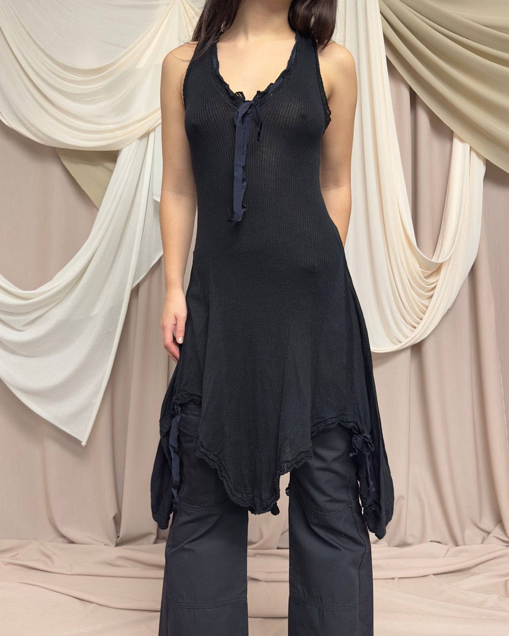 BLACK SEMI SHEER COTTON KNIT DRESS by HIGH