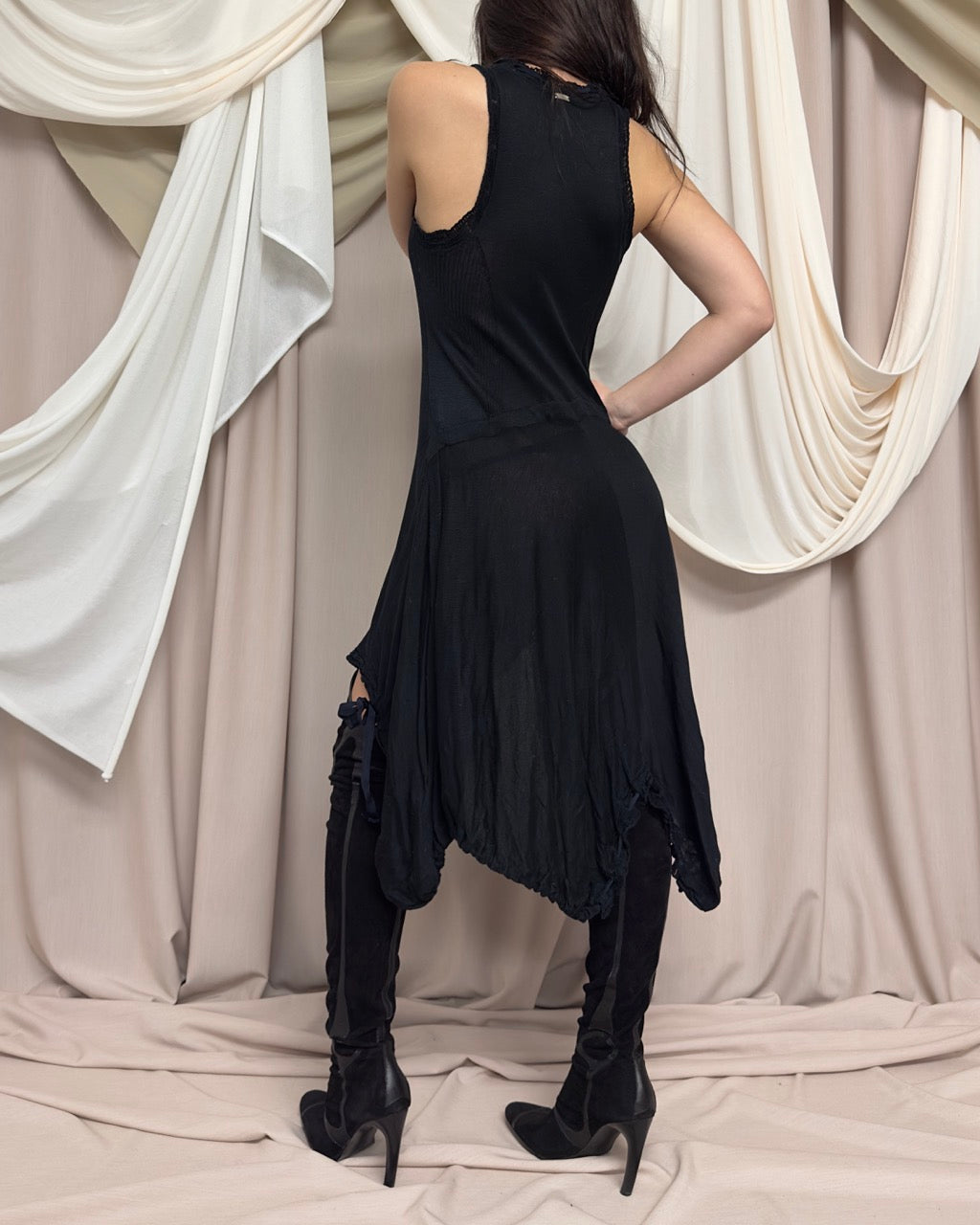 BLACK SEMI SHEER COTTON KNIT DRESS by HIGH