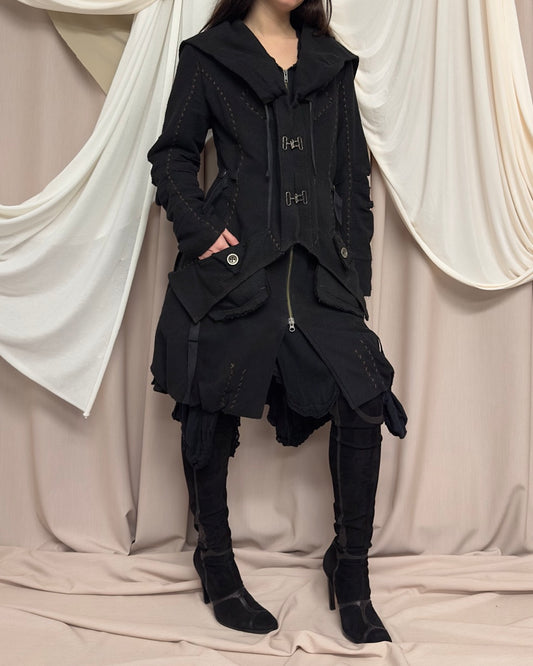 BLACK AVANT GARDE HOODED COMBAT COAT by Et Compagnie