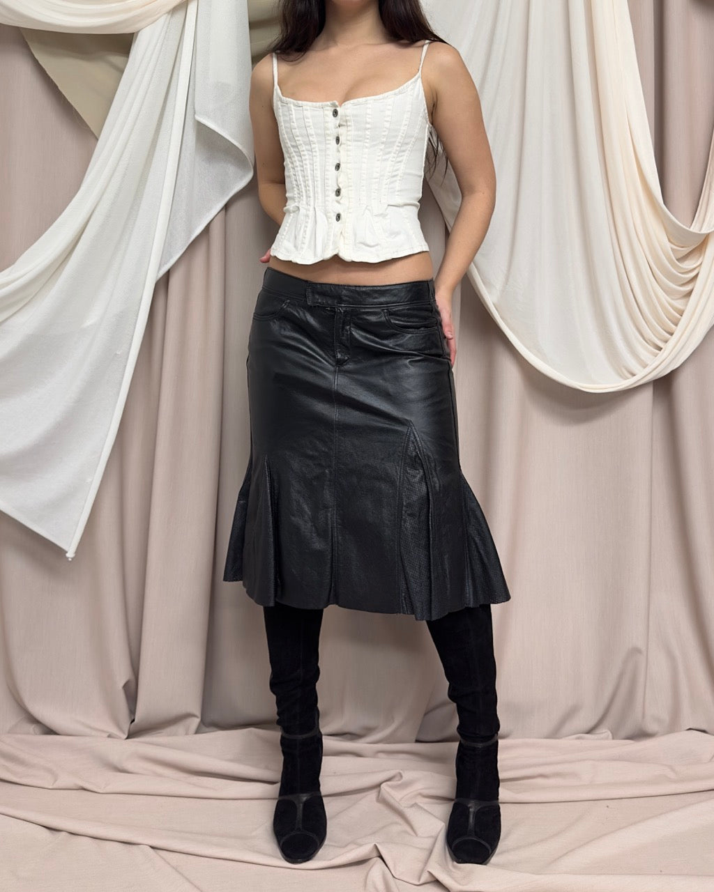 LEATHER SKIRT WITH PERFORATED PANELS by Diesel
