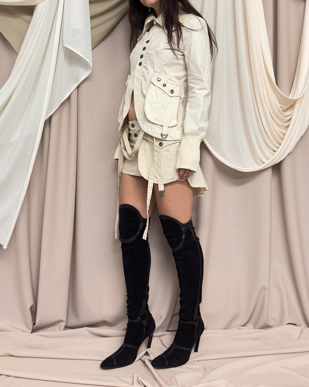 CREAM COTTON CROPPED JACKET WITH POCKET DETAIL by Diesel