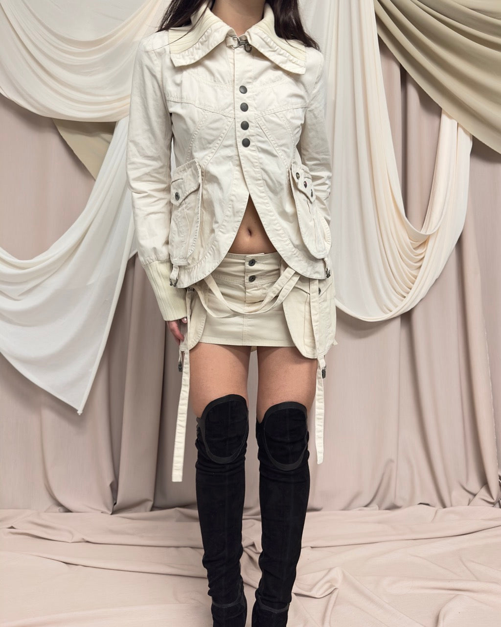 CREAM COTTON CROPPED JACKET WITH POCKET DETAIL by Diesel