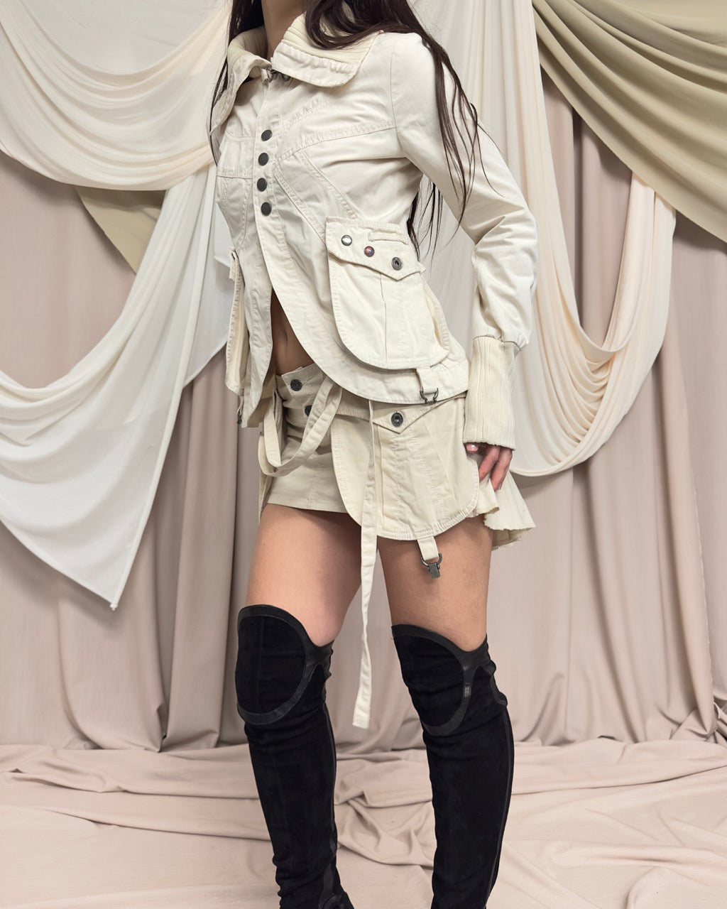 CREAM COTTON CROPPED JACKET WITH POCKET DETAIL by Diesel