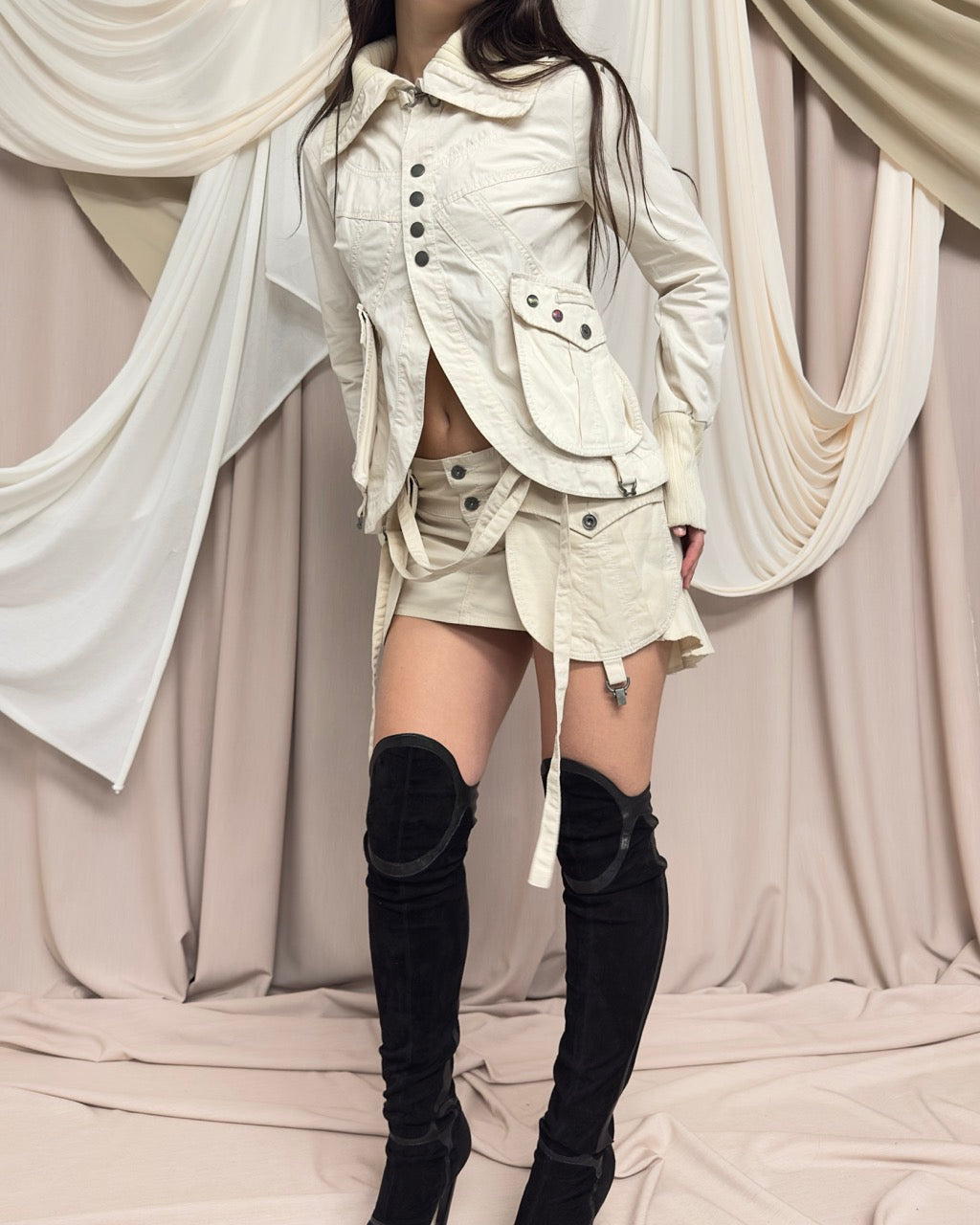 CREAM COTTON CROPPED JACKET WITH POCKET DETAIL by Diesel