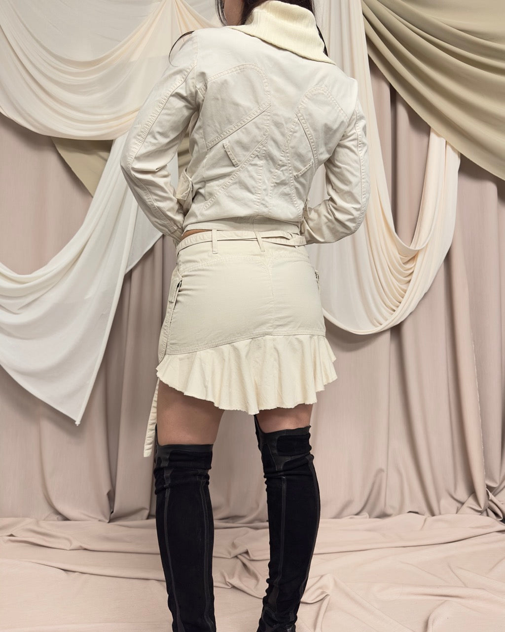 CREAM COTTON MINI SKIRT WITH HARNESS OVER-SKIRT by Diesel