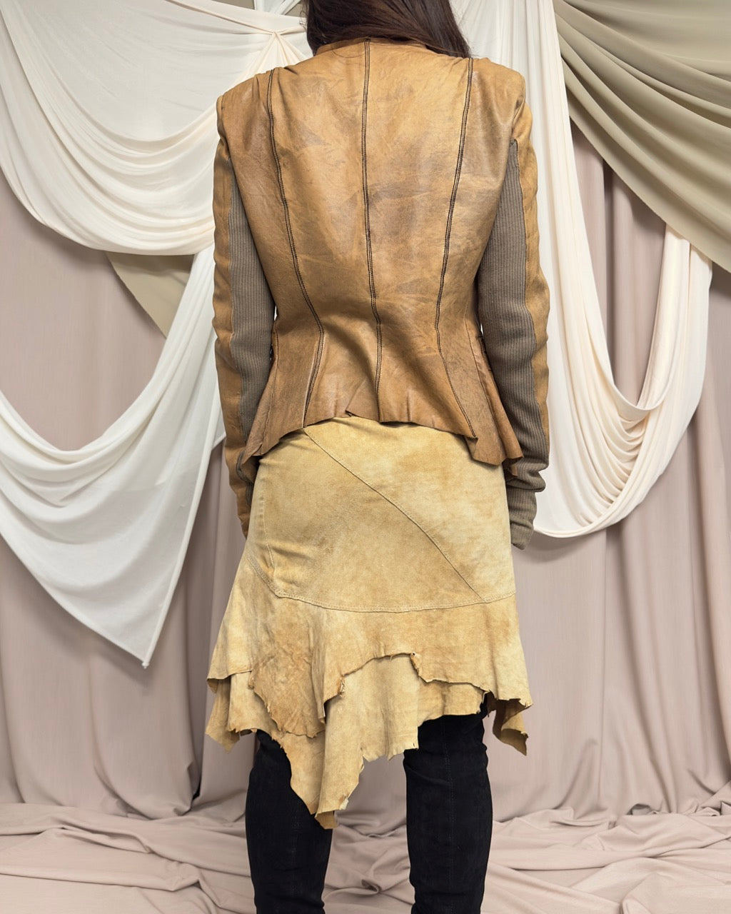 DISTRESSED TAN LEATHER JACKET BY RICK OWENS